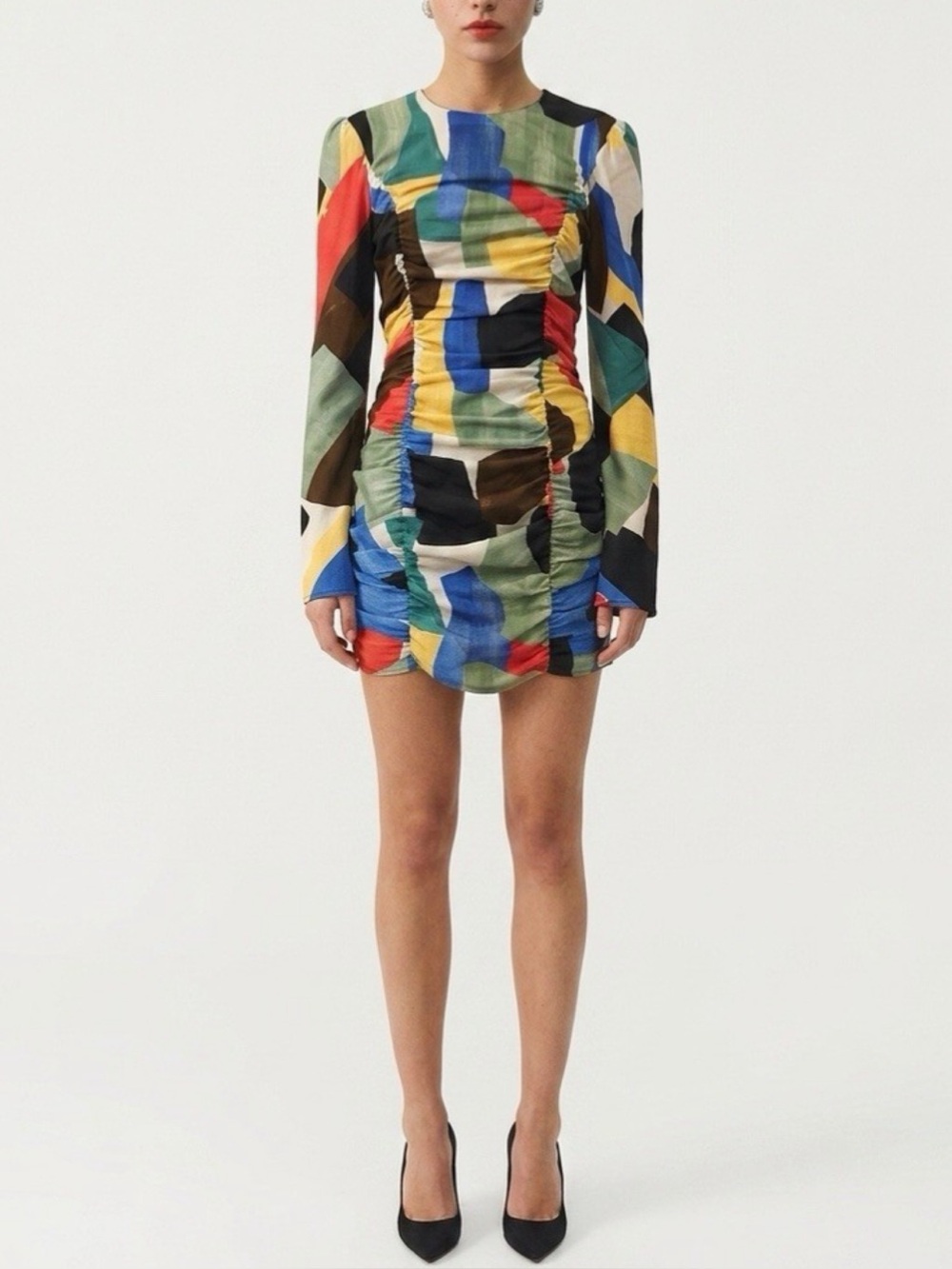 Zara Multicolor Abstract Print Mini Bodycon Dress XS Long Sleeve Ruched 80s